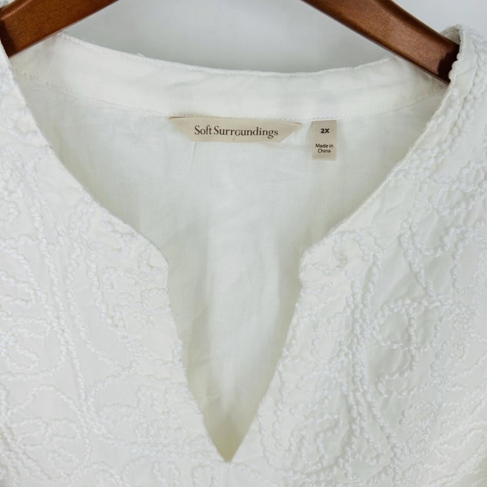 Soft Surroundings Split Neck Top 2X White Embroidered  Lined Boho Peasant Career - Picture 4 of 14